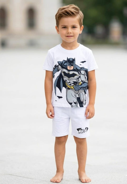 Kids Batman Superhero Edition - White Cotton T-Shirt & Shorts Set