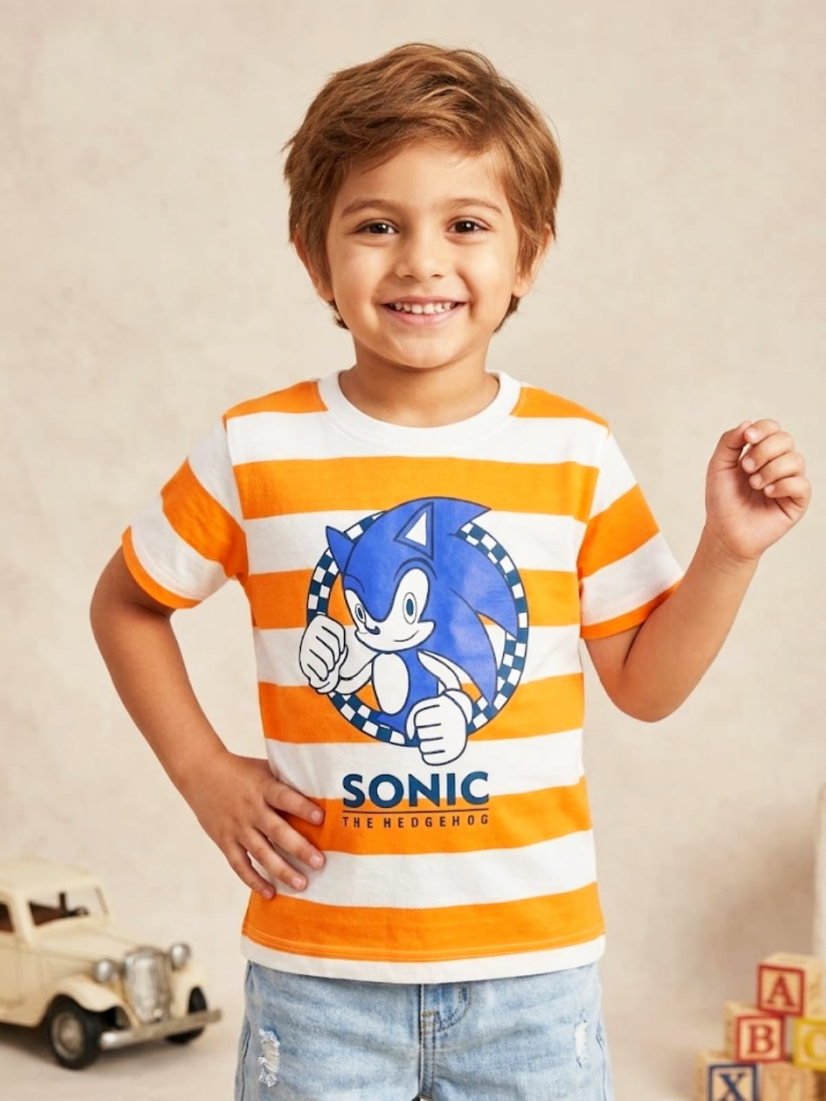 Sonic the Hedgehog Boys' Striped T-Shirt – Vibrant Orange & White