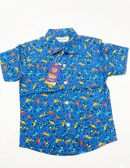 Baby Toss - Boys Premium "Racing Tracks" Button-Down Shirt (Grey Blue)