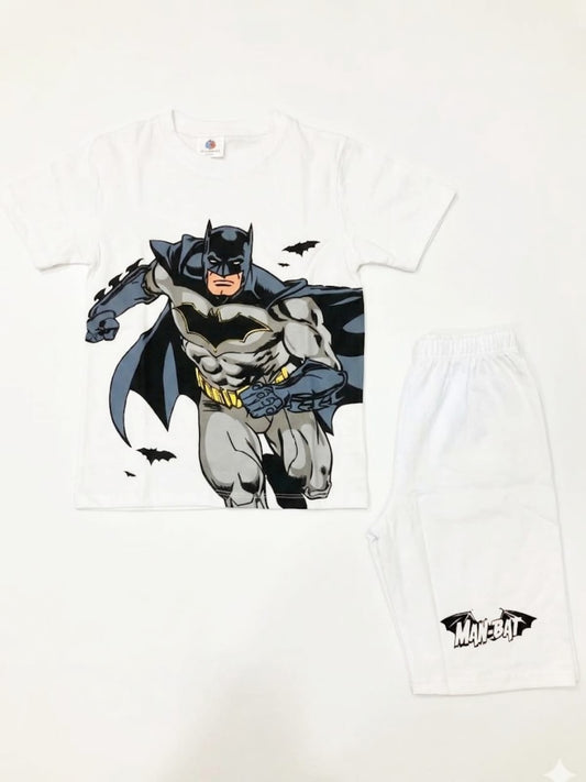 Kids Batman Superhero Edition - White Cotton T-Shirt & Shorts Set