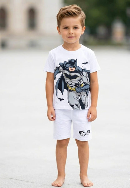 Kids Batman Superhero Edition - White Cotton T-Shirt & Shorts Set