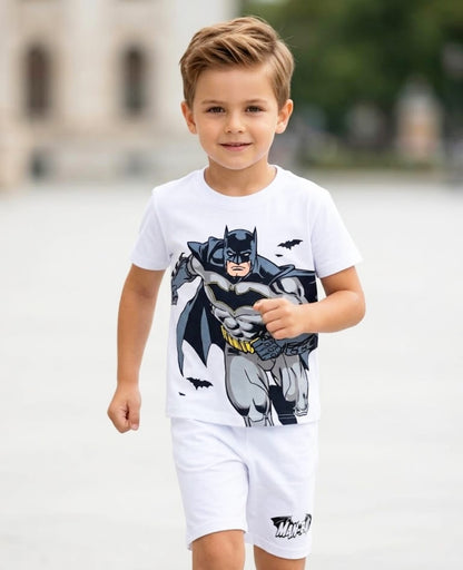 Kids Batman Superhero Edition - White Cotton T-Shirt & Shorts Set