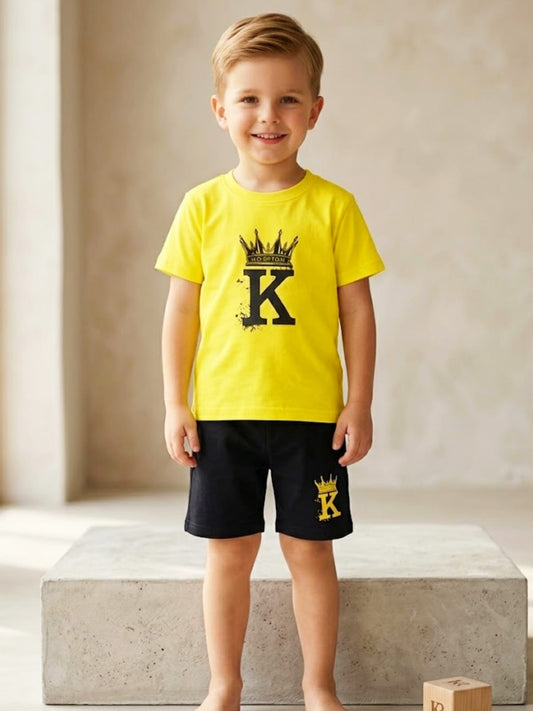 Boys "King Crown" Summer Set - Yellow T-Shirt & Black Shorts