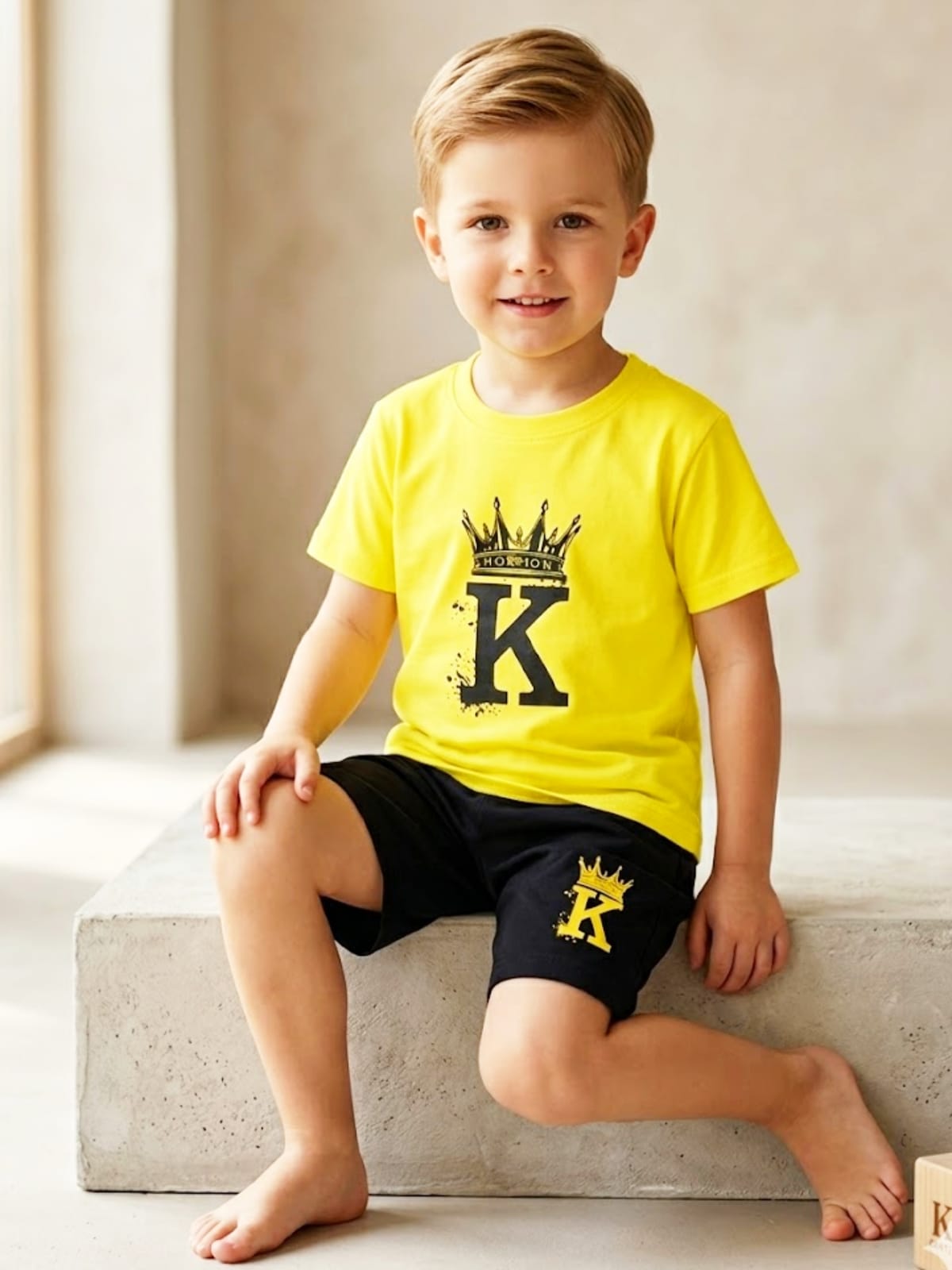 Boys "King Crown" Summer Set - Yellow T-Shirt & Black Shorts