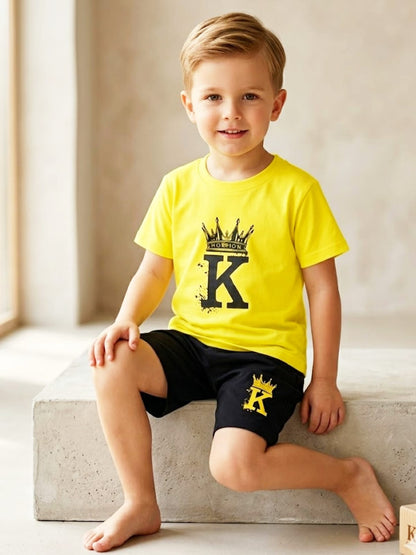 Boys "King Crown" Summer Set - Yellow T-Shirt & Black Shorts