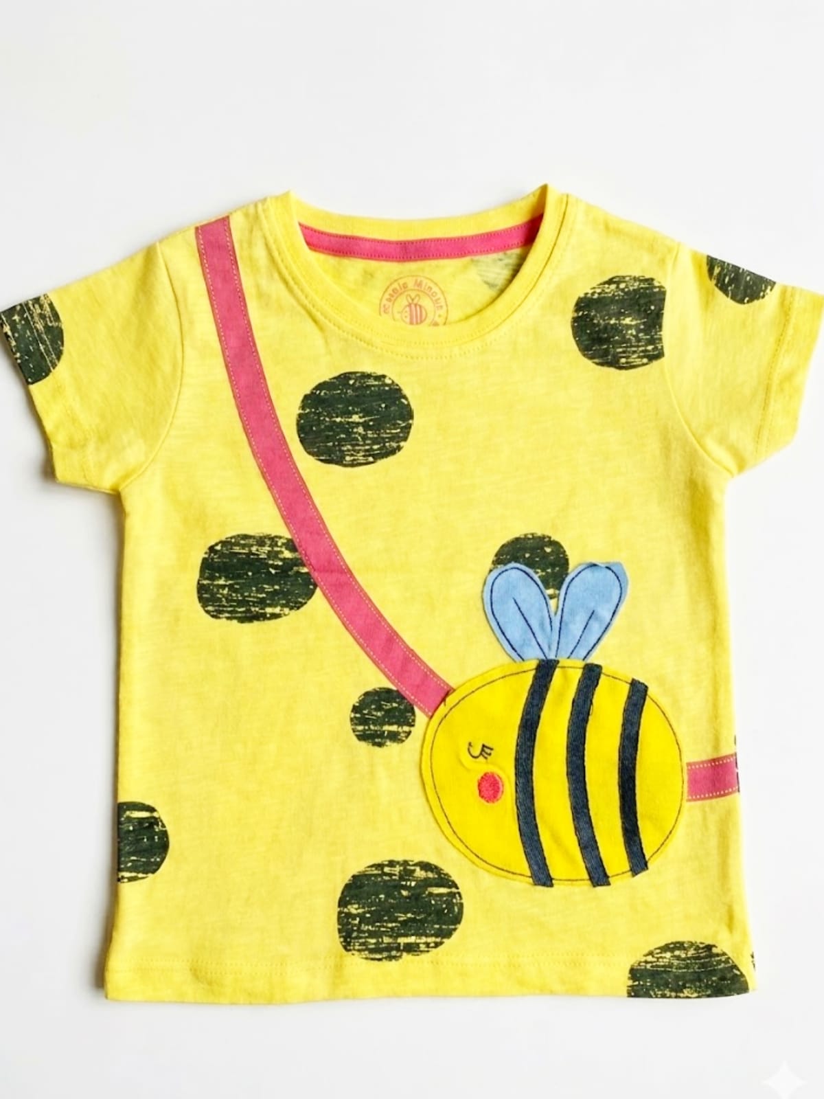 Minnie Minor Girls' Bumblebee Graphic Tee – Bright Yellow Polka Dot Cotton T-Shirt with Appliqué Detail