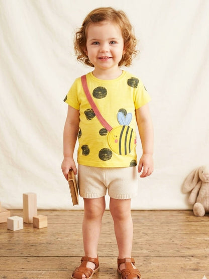 Minnie Minor Girls' Bumblebee Graphic Tee – Bright Yellow Polka Dot Cotton T-Shirt with Appliqué Detail