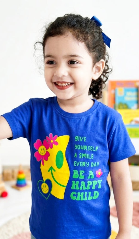 Baby Toss - Girls "Happy Child" Graphic T-Shirt (Navy Blue)