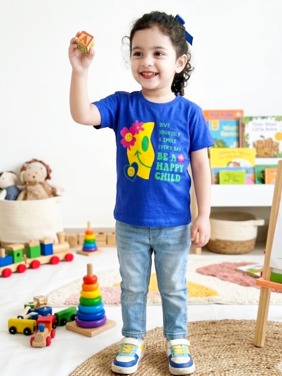 Baby Toss - Girls "Happy Child" Graphic T-Shirt (Navy Blue)