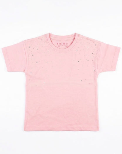 Breakout Girls' Embellished Stone T-Shirt – Soft Pink Cotton Tee with Rhinestone Detail