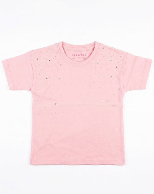 Breakout Girls' Embellished Stone T-Shirt – Soft Pink Cotton Tee with Rhinestone Detail