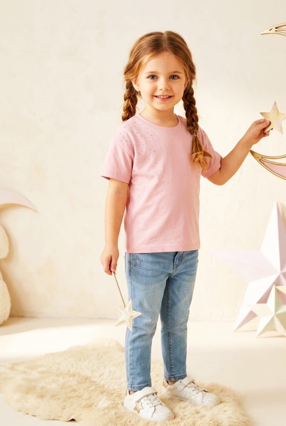 Breakout Girls' Embellished Stone T-Shirt – Soft Pink Cotton Tee with Rhinestone Detail
