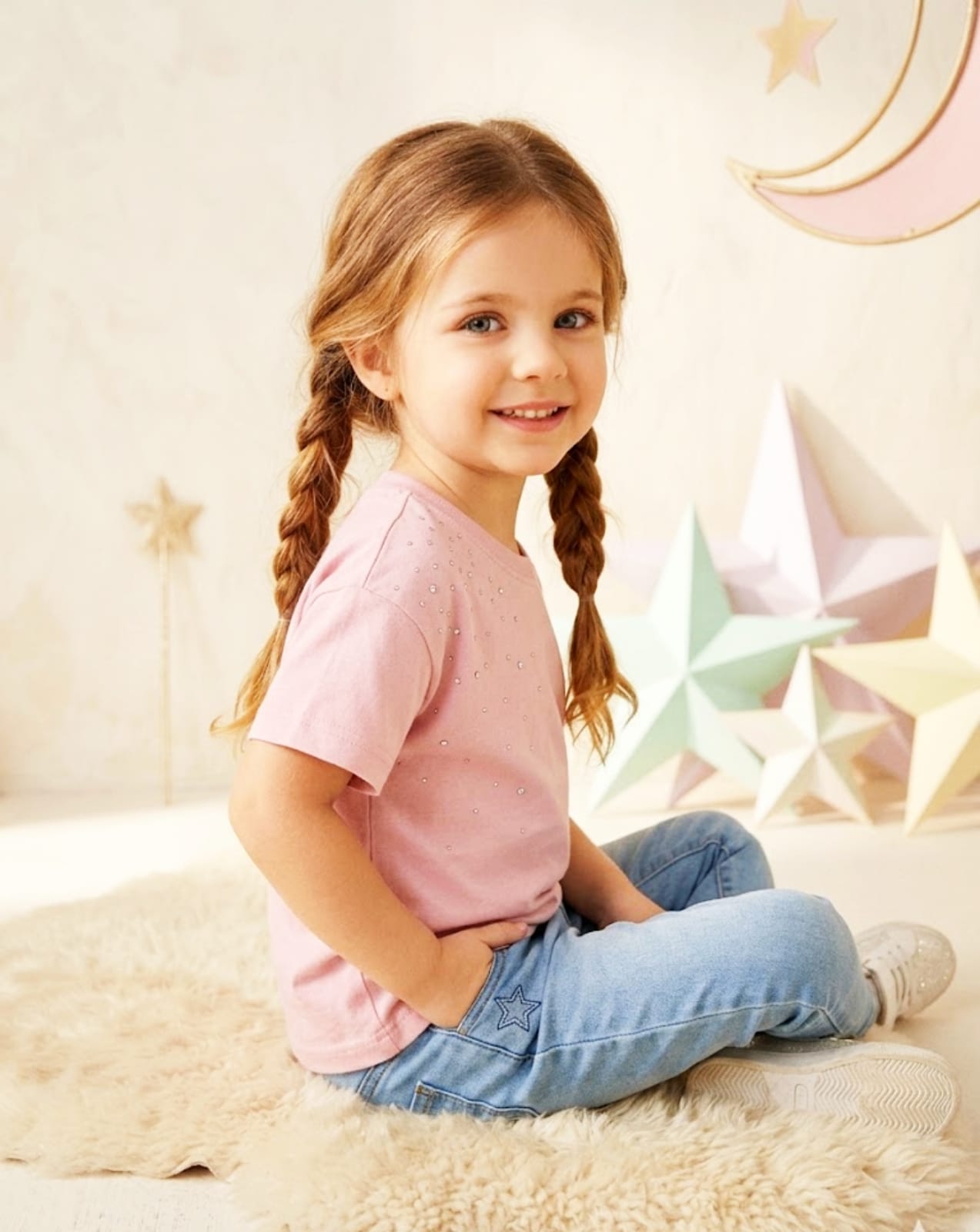 Breakout Girls' Embellished Stone T-Shirt – Soft Pink Cotton Tee with Rhinestone Detail