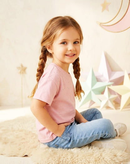 Breakout Girls' Embellished Stone T-Shirt – Soft Pink Cotton Tee with Rhinestone Detail