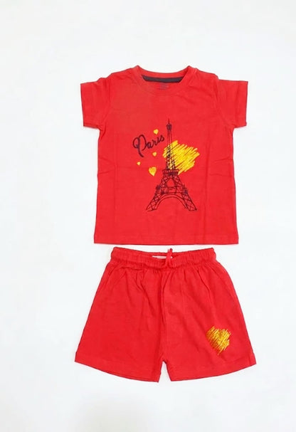 Cotton Cop Girls' "Paris Eiffel Tower" Cotton Shorts Set - Vibrant Red
