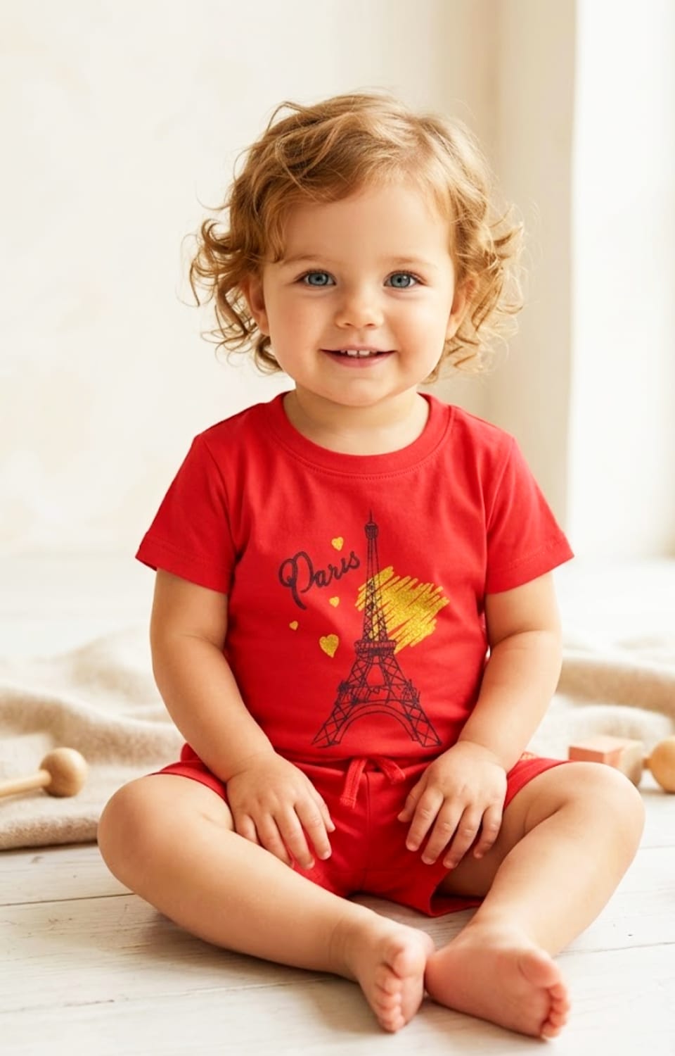 Cotton Cop Girls' "Paris Eiffel Tower" Cotton Shorts Set - Vibrant Red