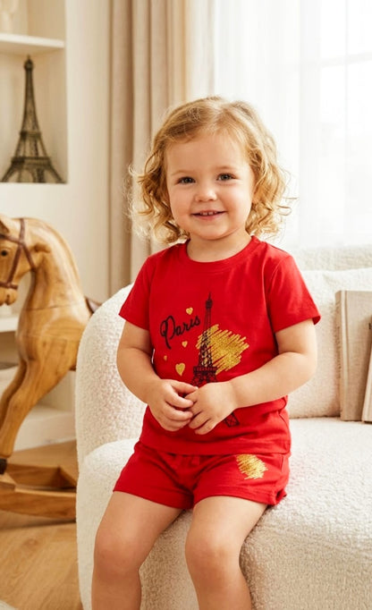 Cotton Cop Girls' "Paris Eiffel Tower" Cotton Shorts Set - Vibrant Red