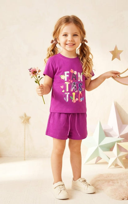 Cotton Cop Premium Girls' "FAN-TAS-TIC" Shorts Set - Vibrant Purple