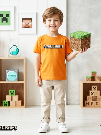 Baby Toss Kids Minecraft Edition – Orange Cotton Crew Neck T-Shirt with High-Quality Paste Print (Front & Back)