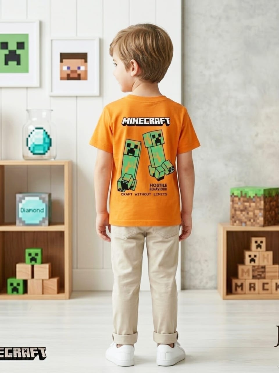 Baby Toss Kids Minecraft Edition – Orange Cotton Crew Neck T-Shirt with High-Quality Paste Print (Front & Back)