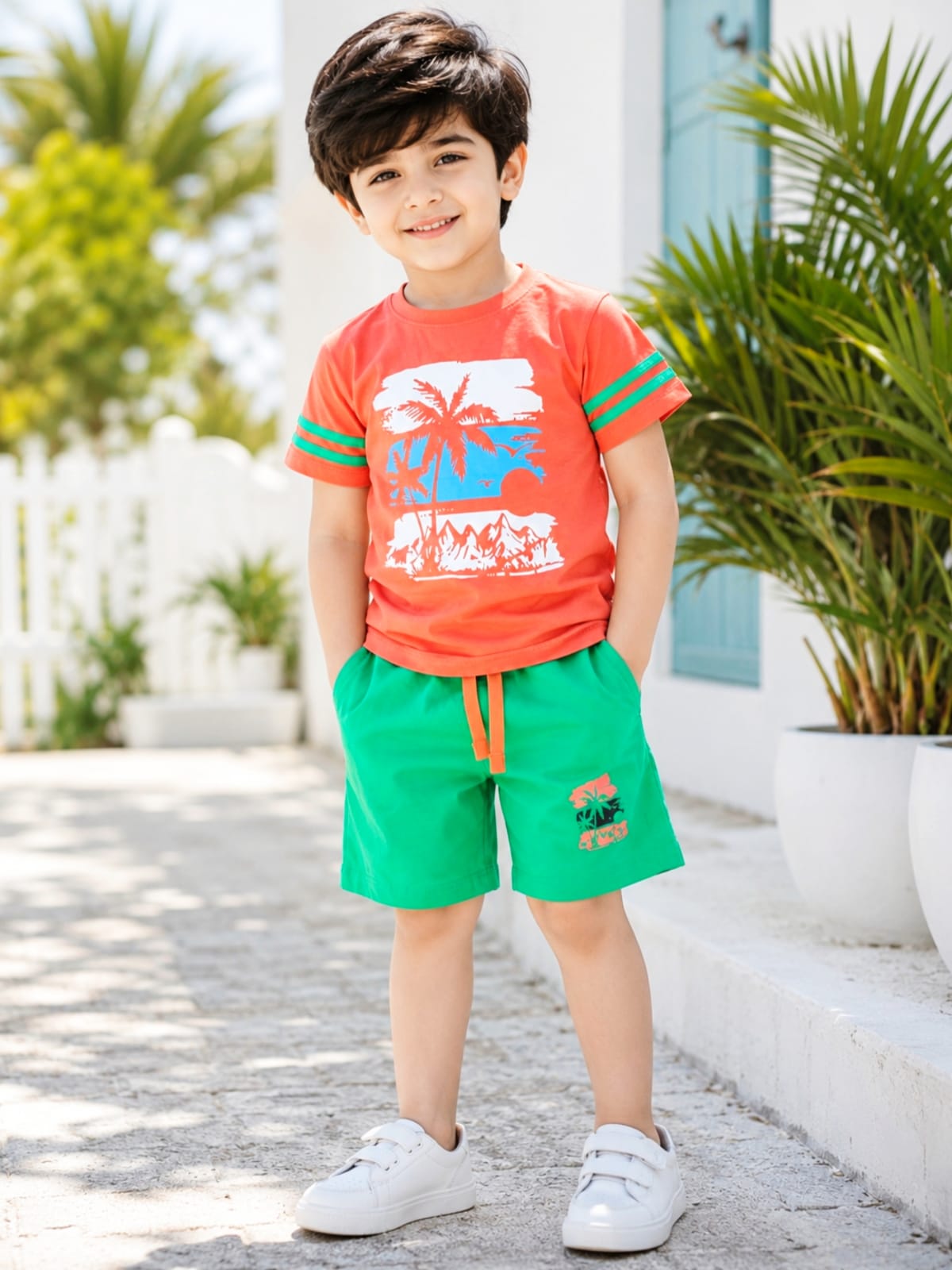 Boys' Palm Beach Summer T-Shirt & Shorts Set - Orange/Green
