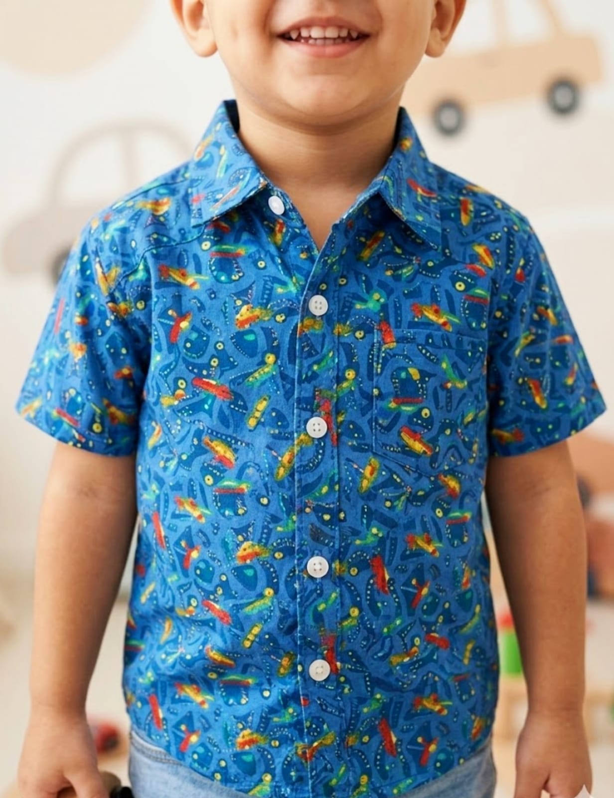 Baby Toss - Boys Premium "Racing Tracks" Button-Down Shirt (Grey Blue)
