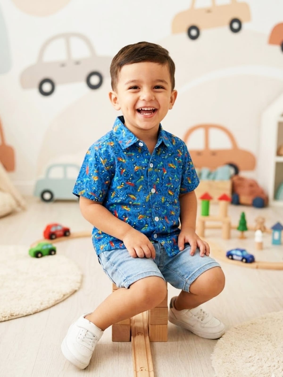 Baby Toss - Boys Premium "Racing Tracks" Button-Down Shirt (Grey Blue)